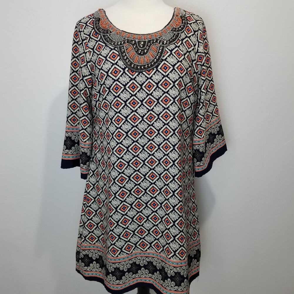 Harper Dress Size Large Shift Beaded Boho 3/4 Sleeve Geometric Batik Pattern